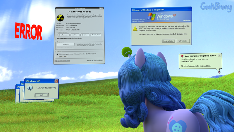 Size: 3840x2160 | Tagged: safe, artist:geekbrony, derpibooru import, izzy moonbow, pony, unicorn, g5, 3d, avast, ball, blender, bliss xp, butt, dialogue box, error, image, izzy's tennis ball, microsoft windows, plot, png, solo, tennis ball, virus, windows, windows xp