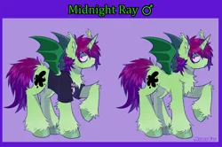 Size: 3080x2050 | Tagged: safe, artist:mxmx fw, derpibooru import, oc, oc:midnight ray, bat pony, bat pony unicorn, hybrid, pony, unicorn, bat pony oc, bat wings, chest fluff, clothes, ear fluff, emo, eyeliner, fangs, hair over one eye, hoof fluff, horn, image, makeup, male, png, ponysona, raised hoof, reference, reference sheet, shirt, simple background, solo, stallion, standing, two toned mane, unicorn oc, unshorn fetlocks, wings