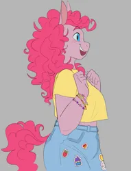Size: 609x797 | Tagged: safe, artist:superduperath, derpibooru import, pinkie pie, anthro, earth pony, clothes, denim, female, gray background, happy, image, jeans, midriff, open mouth, open smile, pants, png, shirt, simple background, smiling, solo