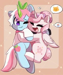 Size: 2845x3386 | Tagged: safe, artist:sakukitty, derpibooru import, oc, oc:saku, unofficial characters only, alicorn, pony, alicorn oc, cute, duo, eyes closed, female, folded wings, high res, horn, hug, image, jpeg, mare, ocbetes, one eye closed, open mouth, smiling, thought bubble, wings