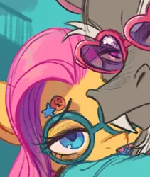 Size: 397x471 | Tagged: safe, artist:fanzeem, derpibooru import, discord, fluttershy, draconequus, pegasus, pony, cropped, duo, duo male and female, female, glasses, heart shaped glasses, image, looking at you, male, mare, png, preview, round glasses