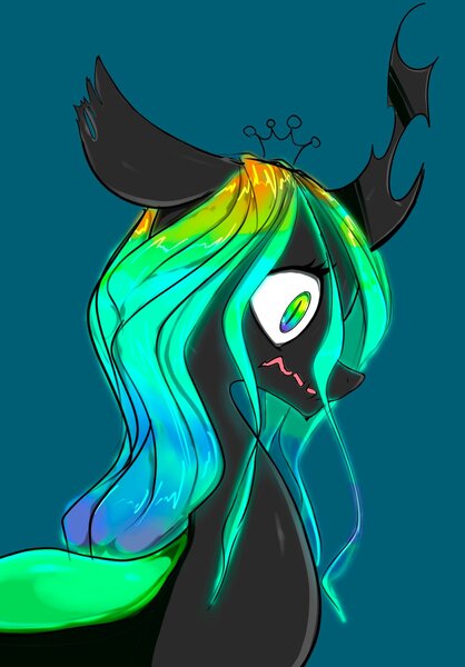 Size: 1426x2048 | Tagged: safe, artist:noupu, derpibooru import, queen chrysalis, changeling, changeling queen, blue background, bust, female, image, jpeg, profile, simple background, solo