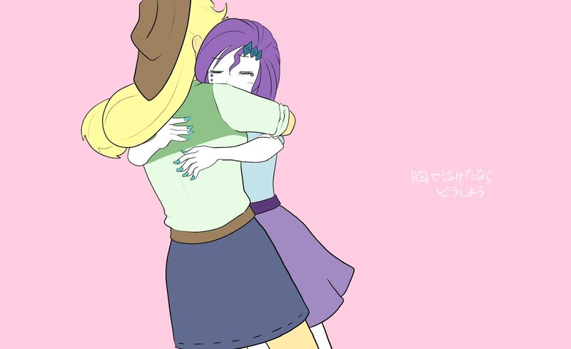 Size: 2048x1252 | Tagged: safe, artist:noupu, derpibooru import, applejack, rarity, human, equestria girls, crying, duo, duo female, eyes closed, female, hug, image, japanese, jpeg, lesbian, moon runes, pink background, rarijack, shipping, simple background