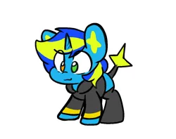 Size: 1072x848 | Tagged: safe, artist:zutcha, derpibooru import, oc, unofficial characters only, hybrid, pony, shinx, unicorn, clothes, heterochromia, hoodie, image, png, pokémon, simple background, solo, white background
