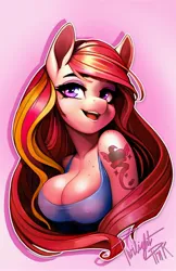 Size: 2400x3709 | Tagged: suggestive, artist:therocknrollmartian, derpibooru import, twilight pink, anthro, pegasus, braless, breasts, bust, busty twilight pink, cleavage, clothes, cutie mark tattoo, erect nipples, female, image, jpeg, nipple outline, open mouth, open smile, pink background, portrait, simple background, smiling, solo, solo female, tanktop, tattoo