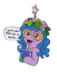 Size: 1075x1389 | Tagged: safe, artist:amynewblue, derpibooru import, izzy moonbow, pony, unicorn, g5, dialogue, drink, female, floral head wreath, flower, glasses, hoof hold, image, jpeg, mare, novelty glasses, open mouth, open smile, simple background, smiling, soda, solo, speech bubble, white background