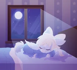 Size: 3304x3000 | Tagged: safe, artist:belka-sempai, derpibooru import, oc, oc:ribbonline plush, unofficial characters only, pegasus, pony, bed, cute, image, laying on bed, lying down, moon, moonlight, on bed, png, sleeping, solo