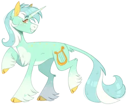 Size: 1125x938 | Tagged: safe, alternate version, artist:wanderingpegasus, derpibooru import, lyra heartstrings, classical unicorn, pony, unicorn, chest fluff, cloven hooves, concave belly, grin, horn, image, leonine tail, png, raised hoof, raised leg, simple background, smiling, solo, tail, transparent background, unshorn fetlocks