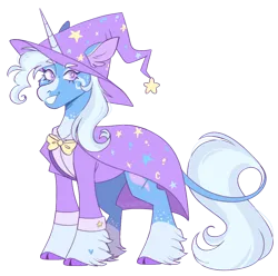 Size: 998x990 | Tagged: safe, artist:wanderingpegasus, derpibooru import, trixie, classical unicorn, pony, unicorn, alternate design, cape, clothes, cloven hooves, grin, hat, horn, image, leonine tail, png, simple background, smiling, solo, transparent background, trixie's cape, trixie's hat, twitterina design, unshorn fetlocks