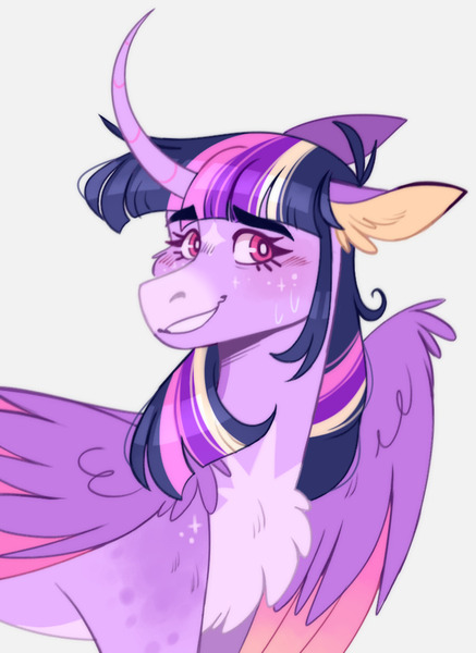 Size: 720x988 | Tagged: safe, artist:wanderingpegasus, derpibooru import, twilight sparkle, twilight sparkle (alicorn), alicorn, pony, alternate design, bust, chest fluff, curved horn, gray background, horn, image, jpeg, portrait, simple background, smiling, solo, twitterina design