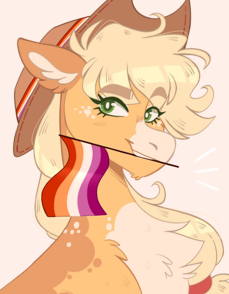 Size: 1068x1373 | Tagged: safe, artist:wanderingpegasus, derpibooru import, applejack, earth pony, pony, alternate design, bust, chest fluff, face paint, flag, headcanon, image, jpeg, lesbian pride flag, mouth hold, mouthpiece, pink background, portrait, pride, pride flag, sexuality headcanon, simple background, smiling, twitterina design