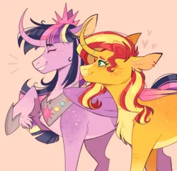 Size: 1280x1233 | Tagged: safe, artist:wanderingpegasus, derpibooru import, sunset shimmer, twilight sparkle, twilight sparkle (alicorn), alicorn, pony, unicorn, alternate design, curved horn, duo, female, heart, horn, image, jpeg, lesbian, shipping, simple background, smiling, sunsetsparkle, twitterina design