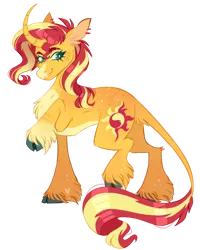 Size: 1640x2048 | Tagged: safe, artist:wanderingpegasus, derpibooru import, sunset shimmer, classical unicorn, pony, unicorn, chest fluff, cloven hooves, concave belly, curved horn, female, hoof fluff, horn, image, leonine tail, mare, pale belly, png, raised hoof, raised leg, simple background, smiling, solo, transparent background, unshorn fetlocks