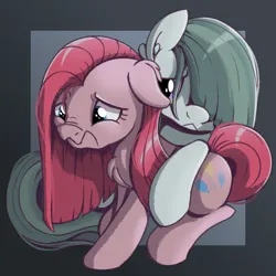 Size: 1000x1000 | Tagged: safe, artist:candy meow, derpibooru import, marble pie, pinkie pie, earth pony, pony, chest fluff, depressed, duo, ear fluff, female, floppy ears, hug, image, looking down, mare, pinkamena diane pie, png, sad, simple background, sitting, support