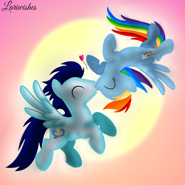 Size: 1400x1400 | Tagged: safe, alternate version, artist:mlplary6, derpibooru import, rainbow dash, soarin', pegasus, pony, broom, eyes closed, female, flying, flying broomstick, heart, image, kiss on the lips, kissing, love, male, mare, png, romantic, shipping, sky, soarindash, stallion, straight, sun, sunset