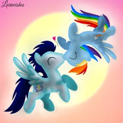 Size: 1400x1400 | Tagged: safe, alternate version, artist:mlplary6, derpibooru import, rainbow dash, soarin', pegasus, pony, broom, eyes closed, female, flying, flying broomstick, heart, image, kiss on the lips, kissing, love, male, mare, png, romantic, shipping, sky, soarindash, stallion, straight, sun, sunset