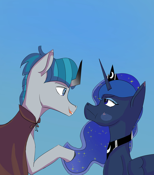 Size: 3000x3400 | Tagged: safe, artist:sh4deshad0w41, derpibooru import, pony of shadows, princess luna, stygian, alicorn, unicorn, blue background, blushing, cape, cel shading, clothes, cloven hooves, curved horn, duo, duo male and female, female, hooves up, horn, image, jewelry, jpeg, looking at each other, looking at someone, male, puffy cheeks, raised hoof, regalia, shading, shipping, simple background, straight, styuna, teasing