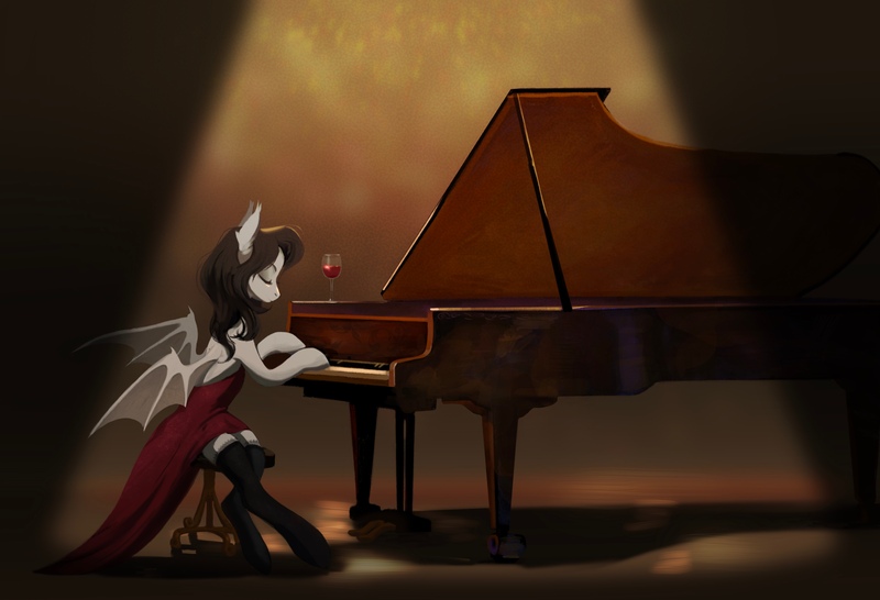 Size: 6000x4093 | Tagged: safe, artist:hichieca, derpibooru import, oc, oc:boggy, unofficial characters only, bat pony, pony, alcohol, bat pony oc, bat wings, clothes, dress, female, glass, image, jpeg, mare, musical instrument, piano, socks, solo, wine, wine glass, wings