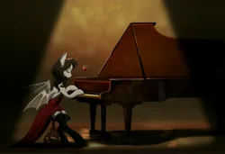 Size: 6000x4093 | Tagged: safe, artist:hichieca, derpibooru import, oc, oc:boggy, unofficial characters only, bat pony, pony, bat pony oc, bat wings, clothes, dress, female, image, jpeg, mare, musical instrument, piano, socks, solo, wings