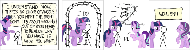 Size: 740x194 | Tagged: safe, artist:randall munroe, edit, angel bunny, starlight glimmer, twilight sparkle, twilight sparkle (alicorn), alicorn, human, unicorn, comic, image, love at first sight, marriage, marriage proposal, png, rearing, smug, smuglight glimmer, stick figure, this will end in divorce, unicorn twilight, xkcd