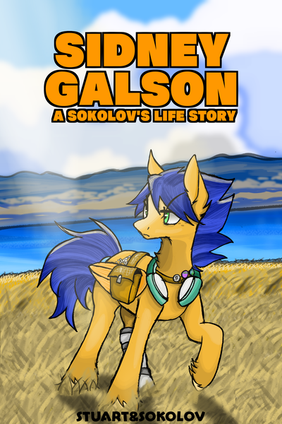 Size: 2190x3285 | Tagged: safe, artist:dzhu.sokolov, artist:sally stuart, derpibooru import, oc, oc:sidney galson, unofficial characters only, pegasus, amputee, bag, blue mane, cloud, cutie mark, grass, green eyes, headphones, image, lake, male, microscope, mountain, pegasus oc, png, poster, prosthetic limb, prosthetics, saddle bag, scenery, solo, water, wings