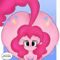 Size: 1200x1200 | Tagged: suggestive, artist:el's doodles, derpibooru import, pinkie pie, earth pony, pony, balloonbutt, bedroom eyes, blue background, both cutie marks, butt, butt expansion, dialogue, female, growth, huge butt, image, jpeg, large butt, looking at you, simple background, solo, solo female, speech bubble, the ass was fat, wide hips