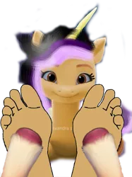 Size: 449x600 | Tagged: suggestive, derpibooru import, sunny starscout, oc, oc:alexandra, earth pony, unicorn, g5, 1000 years in photoshop, feet, fetish, foot fetish, hooves, image, png, simple background, smiling, tickling, transparent background, wat