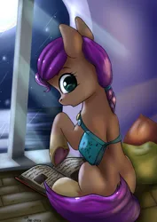 Size: 2480x3508 | Tagged: safe, artist:db, derpibooru import, sunny starscout, earth pony, g5, book, image, moon, night, png, rear view, solo