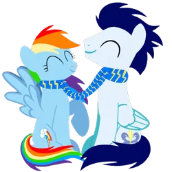 Size: 1099x1099 | Tagged: safe, artist:mlplary6, derpibooru import, rainbow dash, soarin', pegasus, pony, clothes, eyes closed, female, image, love, male, mare, png, romantic, scarf, shared clothing, shared scarf, shipping, simple background, sitting, smiling, soarindash, stallion, straight, transparent background, vector