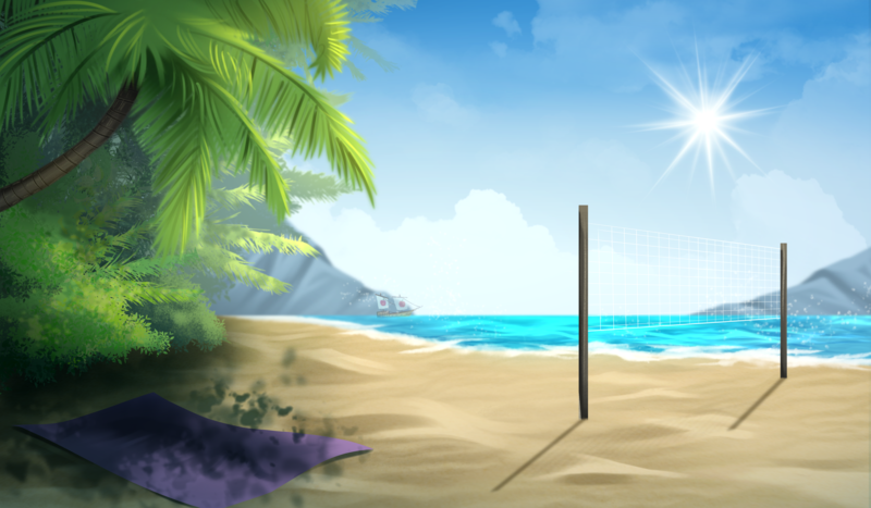 Size: 6000x3500 | Tagged: safe, artist:lunciakkk, derpibooru import, background, beach, commission, image, mountain, no pony, ocean, png, ponies at dawn, summer, sun, towel, wallpaper, water