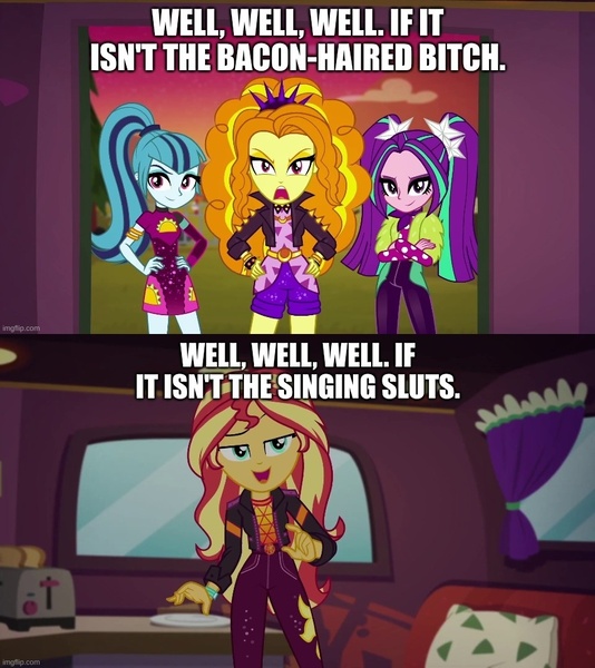 Size: 888x998 | Tagged: safe, derpibooru import, edit, edited screencap, screencap, adagio dazzle, aria blaze, sonata dusk, sunset shimmer, equestria girls, equestria girls series, sunset's backstage pass!, spoiler:eqg series (season 2), caption, image, image macro, jpeg, text, the dazzlings, vulgar