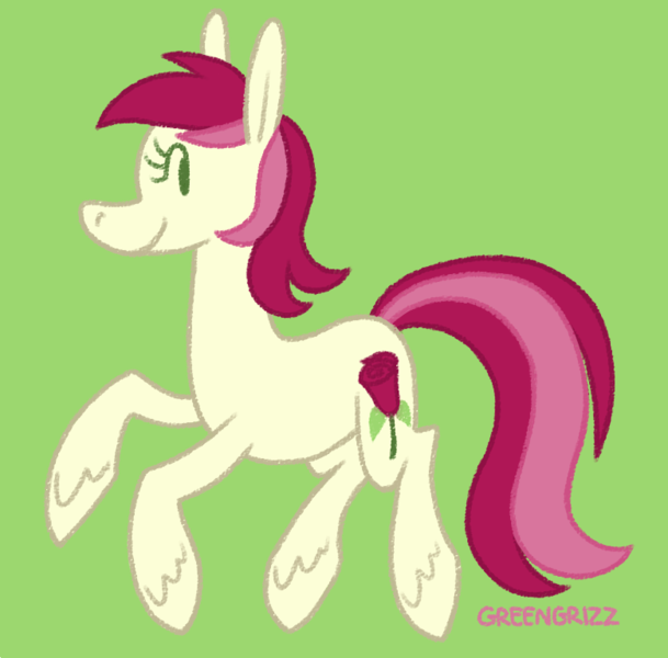 Size: 779x768 | Tagged: safe, artist:greengrizz, derpibooru import, roseluck, earth pony, pony, green background, happy, image, png, prancing, signature, simple background, smiling, solo, unshorn fetlocks