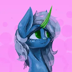 Size: 3000x3000 | Tagged: safe, artist:anastas, derpibooru import, oc, oc:cyanite star, unofficial characters only, crystal pony, hybrid, original species, pony, unicorn, blue coat, blue fur, blue hair, blue mane, bust, crystal, crystal horn, curved horn, cute, emerald, green eyes, horn, image, oda 1997, pink background, png, portrait, simple background, sketch, smiling, solo, sternocleidomastoid, transformation