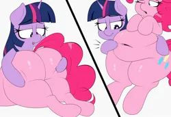 Size: 2048x1403 | Tagged: suggestive, artist:blitzyflair, derpibooru import, pinkie pie, twilight sparkle, alicorn, earth pony, pony, balloonbutt, belly, belly button, bellyrubs, big belly, butt, butt grab, butt touch, emanata, fat, fat ass, female, grope, image, jpeg, large butt, lesbian, one eye closed, open mouth, pudgy pie, shipping, tongue out, twinkie