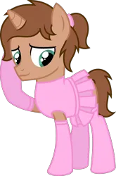 Size: 1578x2387 | Tagged: safe, artist:peternators, derpibooru import, oc, oc:heroic armour, unofficial characters only, pony, unicorn, clothes, colt, crossdressing, dress, foal, image, male, png, ponytail, simple background, smiling, socks, solo, stockings, teenager, thigh highs, transparent background