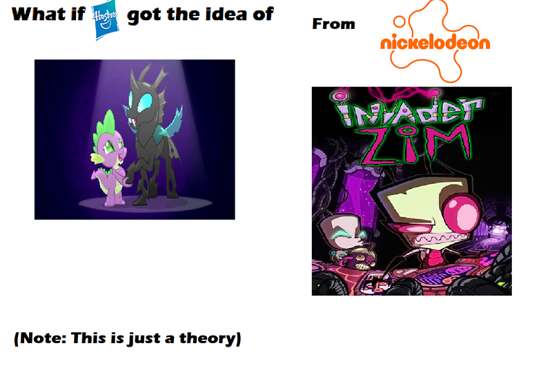 Size: 1280x848 | Tagged: safe, artist:jhonen vasquez, derpibooru import, screencap, spike, thorax, alien, changeling, dragon, pony, robot, the times they are a changeling, 1000 hours in ms paint, comparison, duo, gir, hasbro, hasbro logo, image, invader zim, logo, nickelodeon, photo, png, spoilers for another series, spotlight, theory, what if, zim