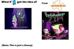 Size: 1280x848 | Tagged: safe, artist:jhonen vasquez, derpibooru import, screencap, spike, thorax, alien, changeling, dragon, pony, robot, the times they are a changeling, 1000 hours in ms paint, comparison, duo, gir, hasbro, hasbro logo, image, invader zim, logo, nickelodeon, photo, png, spoilers for another series, spotlight, theory, what if, zim