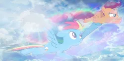 Size: 900x445 | Tagged: safe, artist:patyv, derpibooru import, rainbow dash, scootaloo, pegasus, pony, female, filly, flying, foal, image, jpeg, mare, scootalove, siblings, sisters, wallpaper