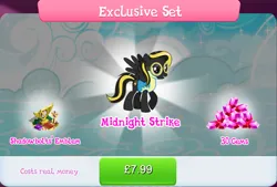 Size: 1271x861 | Tagged: safe, derpibooru import, official, midnight strike, pegasus, pony, aviator goggles, book, bundle, bush, clothes, costs real money, english, female, flight suit, gameloft, gem, goggles, image, jpeg, mare, mobile game, my little pony: magic princess, numbers, sale, solo, solo focus, spread wings, text, wings