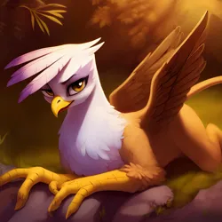 Size: 2048x2048 | Tagged: safe, ai content, derpibooru import, edit, machine learning generated, stable diffusion, gilda, gryphon, g4, derpibooru exclusive, female, generator:purplesmart.ai, high res, image, lying down, png, prompter:mfg637, prone, solo