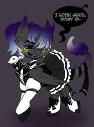 Size: 767x1035 | Tagged: safe, artist:woofpoods, derpibooru import, oc, oc:dtaygo, bat pony, demon, demon pony, original species, pony, snake, 2d, clothes, clothes swap, image, maid, my little pony, outfit, png, snek, socks, solo, stockings, thigh highs