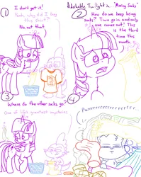 Size: 4779x6013 | Tagged: safe, artist:adorkabletwilightandfriends, derpibooru import, spike, twilight sparkle, twilight sparkle (alicorn), oc, oc:pinenut, alicorn, cat, comic:adorkable twilight and friends, adorkable, adorkable twilight, clothes, comic, concerned, concerned pony, cute, detrot, dork, funny, hiding, holding, holding up, humor, image, laundry, laundry basket, magic, png, purring, shirt, slice of life, sock thief, socks, thief, toilet, watching