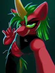 Size: 1620x2160 | Tagged: safe, artist:rtootb, derpibooru import, oc, oc:riot, unofficial characters only, anthro, dracony, dragon, hybrid, unicorn, abs, adidas, angle, big horn, clothes, colored sclera, cool, digital art, female, floppy ears, green eyes, green mane, grin, horn, hybrid oc, image, looking at you, muscles, muscular female, perspective, png, red fur, shading, sharp teeth, simple background, sketch, smiling, smiling at you, smirk, solo, teeth, yellow sclera