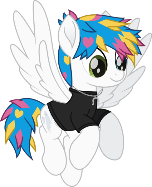 Size: 930x1145 | Tagged: safe, artist:lightningbolt, derpibooru import, ponified, pegasus, pony, .svg available, awsten knight, clothes, derpibooru exclusive, dyed mane, dyed tail, flying, heterochromia, horseshoes, image, jewelry, male, movie accurate, necklace, png, shirt, simple background, smiling, solo, spread wings, stallion, t-shirt, tail, transparent background, vector, waterparks, wings