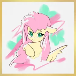 Size: 960x960 | Tagged: safe, artist:lendftcn, derpibooru import, fluttershy, pegasus, pony, abstract background, female, floppy ears, image, looking at you, mare, png, solo, spread wings, wings