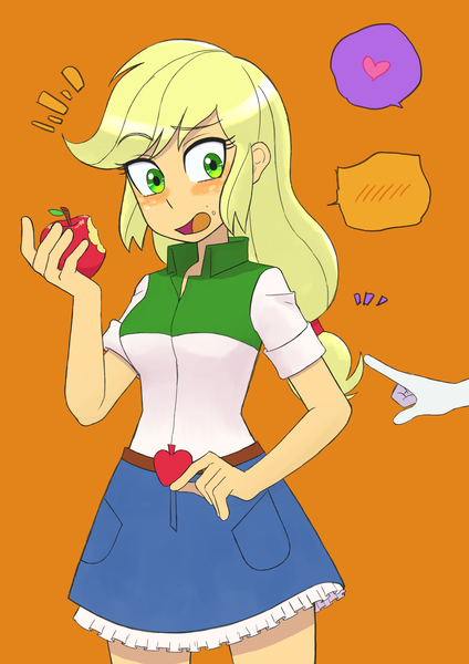 Size: 2894x4093 | Tagged: safe, artist:haibaratomoe, derpibooru import, applejack, rarity, equestria girls, apple, belt, blushing, clothes, denim, denim skirt, duo, eating, female, food, freckles, hand, heart, image, lesbian, offscreen character, open mouth, orange background, png, pointing, rarijack, shipping, shirt, simple background, skirt, speech bubble