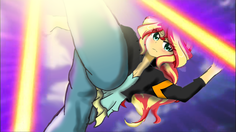 Size: 2560x1440 | Tagged: safe, artist:kronostorm, derpibooru import, sunset shimmer, human, equestria girls, anime, bacon hair, badass, clothes, female, football, hissatsu, humanized, image, inazuma eleven, jacket, leather, leather jacket, png, sports