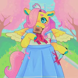 Size: 1440x1440 | Tagged: safe, artist:ariariari.png, derpibooru import, fluttershy, pegasus, pony, semi-anthro, blood, bloody knife, bread, clothes, food, hair over one eye, image, jpeg, knife, sailor uniform, solo, spread wings, toast, uniform, wings
