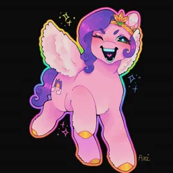 Size: 1440x1440 | Tagged: safe, artist:ariariari.png, derpibooru import, pipp petals, pegasus, pony, g5, black background, colored hooves, crown, green eyes, heart tongue, image, jewelry, jpeg, one eye closed, regalia, simple background, smiling, solo, spread wings, wings, wink