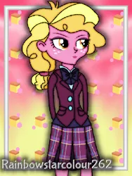 Size: 768x1024 | Tagged: safe, artist:rainbowstarcolour262, derpibooru import, taffy shade, human, series:equ wallpapers, equestria girls, friendship games, abstract background, background human, blonde hair, bowtie, clothes, crystal prep academy uniform, crystal prep shadowbolts, cutie mark background, female, freckles, hand behind back, image, lipstick, plaid skirt, pleated skirt, png, school uniform, shirt, signature, skirt, solo